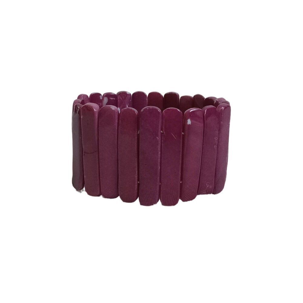 Purple Coated Faux Abalone Rectangle Slats Stretchy Elastic Statement Bracelet